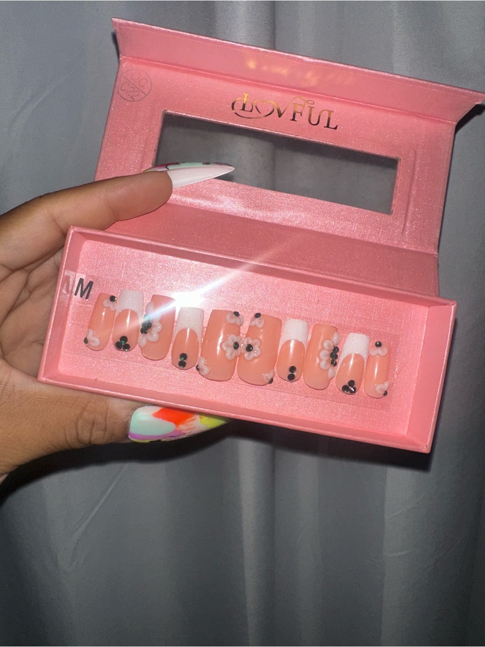 Pink Floral Press-On Nails with Black Accent Gems - Medium